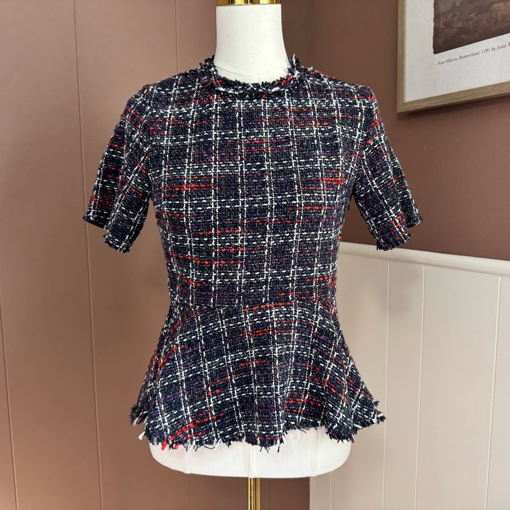 Do+Be Tweed Fringe Hem Peplum Blouse NWT